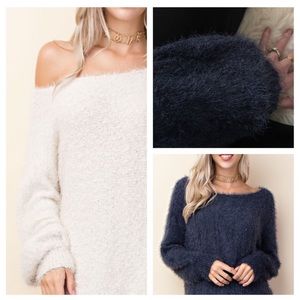 Navy Boatneck Fluffy Sweater